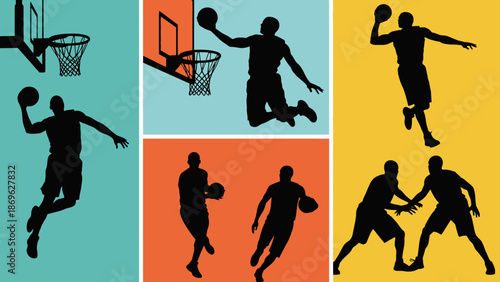 Dynamic Basketball Player Silhouettes in Various Action Poses on Multi-Colored Background Panels.