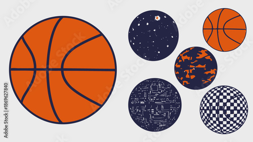Collection of Basketballs with Unique Abstract and Textured Patterns on Light Grey Background.