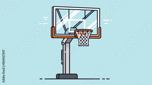 Minimalist Basketball Hoop and Backboard in Flat Design Style on Light Blue Background.