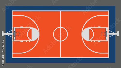 Top View of Orange Basketball Court with White Lines and Blue Border