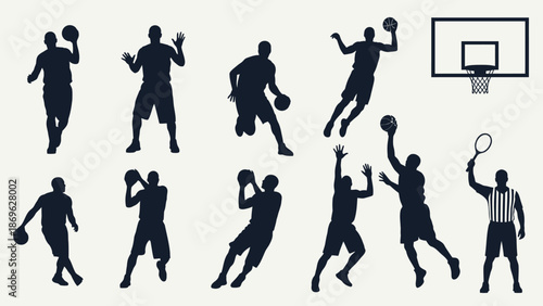 Set of Male Basketball Player and Referee Silhouettes in Various Game Action Poses on a Light Background