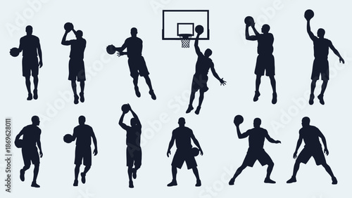 Collection of Male Basketball Player Silhouettes in Dynamic Action Poses on a Light Blue Background