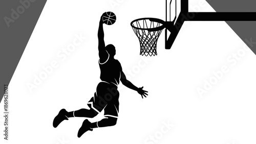 Dynamic Male Basketball Player Slam Dunking High into the Hoop on Dark Background