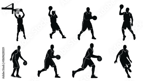 Set of Male Basketball Player Silhouettes in Various Action Poses, isolated white background