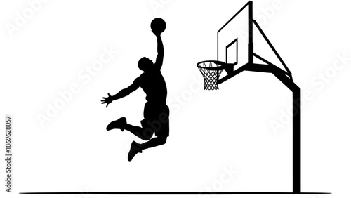 Male Basketball Player Silhouette Performing Slam Dunk into Hoop, isolated white background