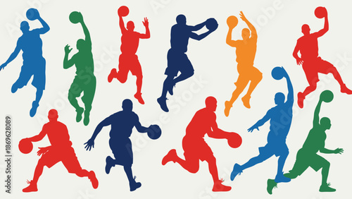 Dynamic Group of Colorful Basketball Player Silhouettes in Action Poses, in bright studio