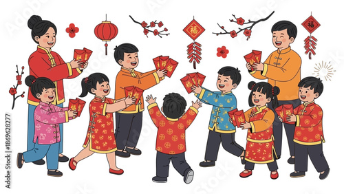Family Celebration of Traditional Culture with Children and Adults Exchanging Gifts in Vibrant Attire