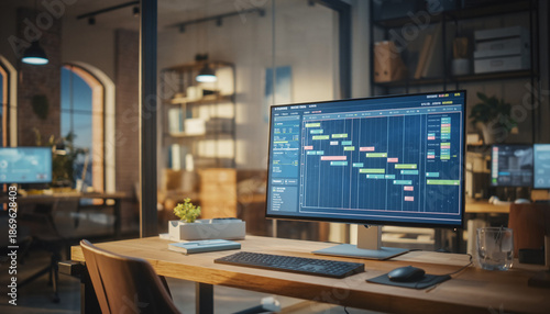 Modern office workspace with a computer displaying a project management Gantt chart on a bright, organized desk.
