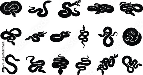 Large collection of eighteen black snake silhouettes showing various species and poses including slithering coiled and attacking isolated on a white background.