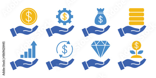 Set of hand icons with concepts of wealth, finance, growth, infographics and others related to economy. Vector illustration