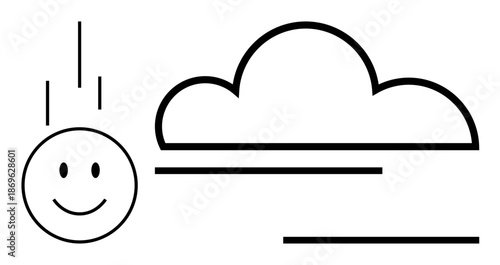 Smiling face with descending lines near a cloud and horizontal streaks. Ideal for happiness, weather, optimism, simplicity, creativity, mindfulness, positivity. Simple flat metaphor