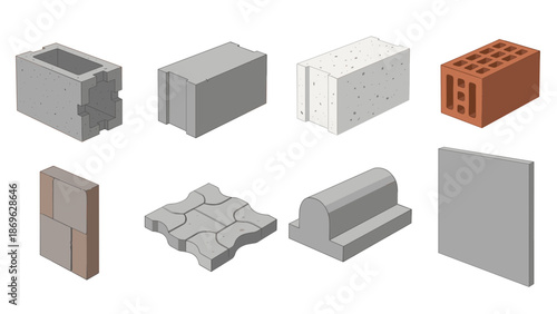 A set of various concrete blocks and bricks in different shapes and colors, arranged in two rows on a plain white background