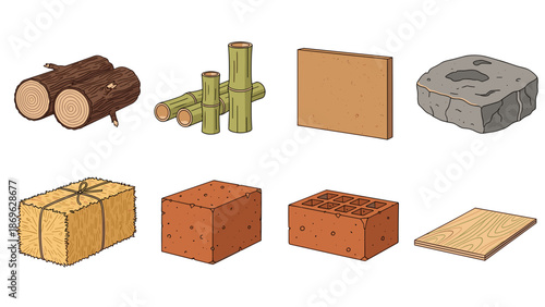 A vector graphic illustration of various building materials including wood logs, bamboo, plywood, concrete block, and bricks in a flat minimal design style