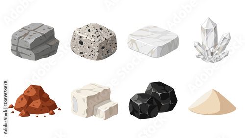 A vector graphic illustration of various mineral and rock types in a flat design style