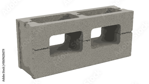 A gray concrete cinder block with rectangular holes on a white background