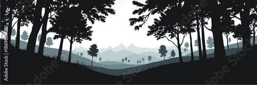 Stylized forest and mountain view, layered landscape