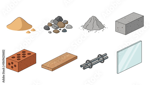 A vector graphic illustration of various construction materials and tools on a white background