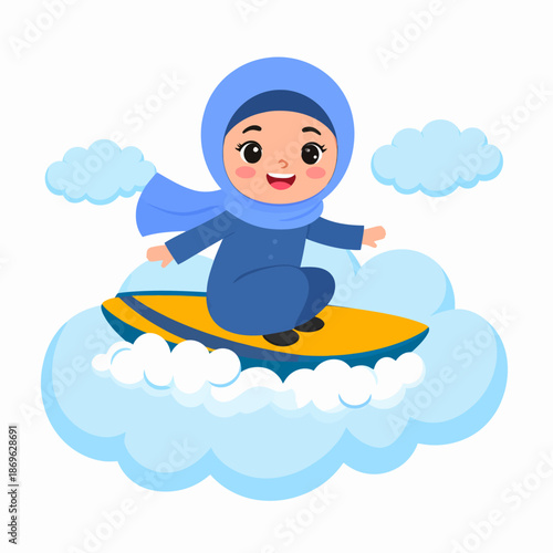 Whimsical cartoon illustration of a joyful Muslim girl in a blue hijab playfully surfing on fluffy white clouds with a yellow surfboard, embodying dreams and imagination