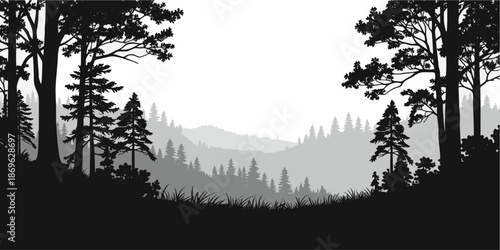 Silhouetted forest scene, grayscale layered landscape