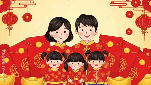 A happy family in traditional attire celebrating a festive occasion together surrounded by red lanterns and decorations