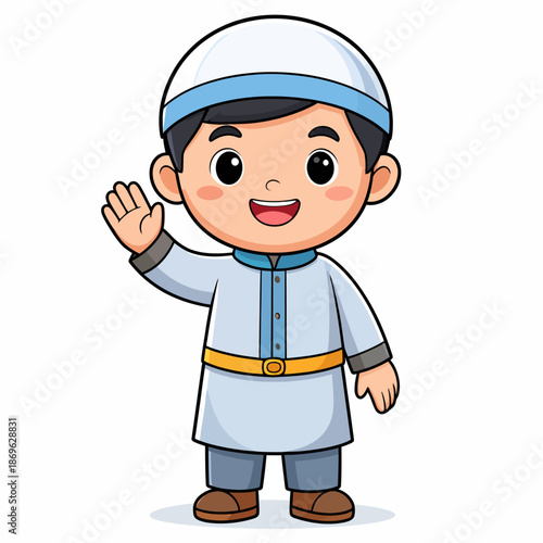 Cute cartoon illustration of a young Muslim boy waving hello, wearing a traditional kufi cap and thawb