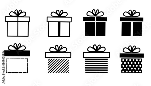 Gift box icon set featuring multiple styles, patterns, and solid outlines for ecommerce, celebration, packaging, and design projects