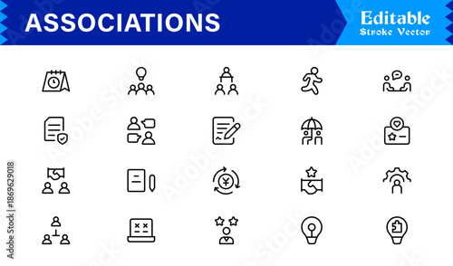 Clean and Professional Associations Line Icon Set with Minimalist Modern Style and Pixel Perfect Editable Vectors for Business and Community
