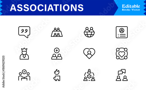 Clean and Professional Associations Line Icon Set with Minimalist Modern Style and Pixel Perfect Editable Vectors for Business and Community