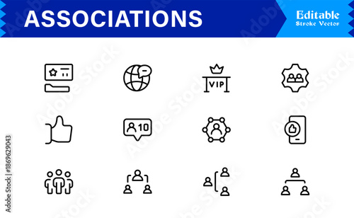 Clean and Professional Associations Line Icon Set with Minimalist Modern Style and Pixel Perfect Editable Vectors for Business and Community