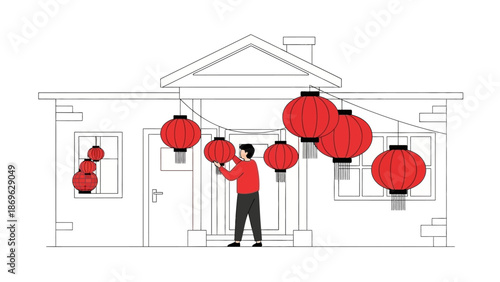 Man decorating house with red lanterns for cultural celebration