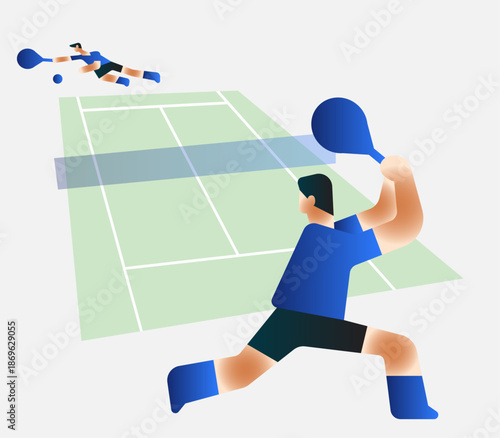 Dynamic abstract illustration of tennis players in action on court, modern sports competition concept.