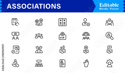 Clean and Professional Associations Line Icon Set with Minimalist Modern Style and Pixel Perfect Editable Vectors for Business and Community