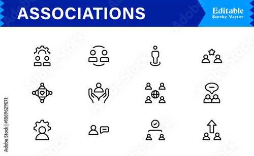 Clean and Professional Associations Line Icon Set with Minimalist Modern Style and Pixel Perfect Editable Vectors for Business and Community