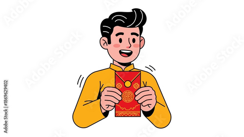 Man holding red envelope with gold design, smiling and moving hands, isolated on white background