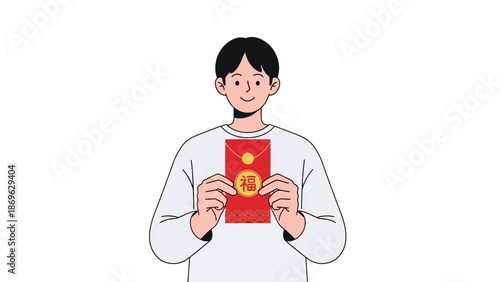 Man holding a red envelope with a gold coin symbol on a white background