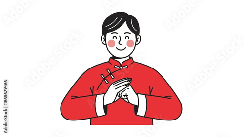 Illustration of a person in traditional attire performing a gesture of respect or gratitude