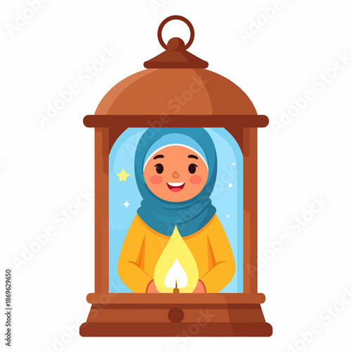 Joyful young girl wearing a vibrant blue hijab, holding a flickering candle within a beautifully crafted decorative lantern, symbolizing light and festive spirit for spiritual celebrations