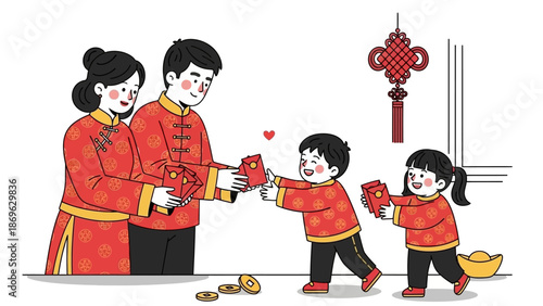 Family in traditional attire exchanging gifts during a festive celebration