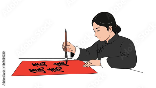 Woman creating a traditional calligraphy artwork on red paper with a brush