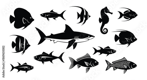 A collection of various black silhouette marine life including fish and seahorses