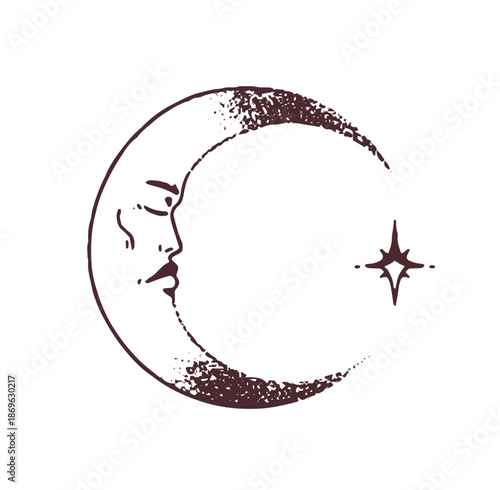 Vintage tattoo with art of moon. Mystic sketch of crescent with face. Antique tatto design in dotwork style with magic luna. Astrology, tarot. Hand drawn outline isolated vector illustration on white.