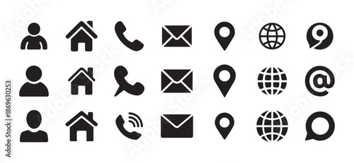 Essential contact and web navigation icon set featuring home, phone, email, location marker, world globe, and user profile symbols.
