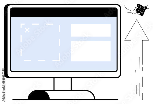 Software issues, debugging, problem-solving, coding, troubleshooting, IT analysis. A fly next to a computer screen error and an upward arrow. Debugging and problem-solving concepts