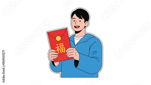 Man holding a red envelope with a smile