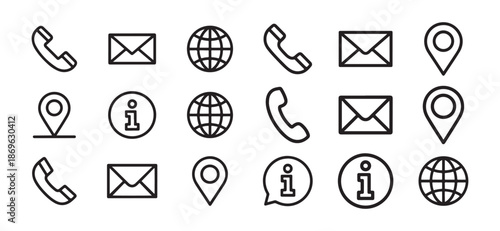 Minimalist line icon set for contact us and communication featuring phone, email, globe, location pin, and info symbols.