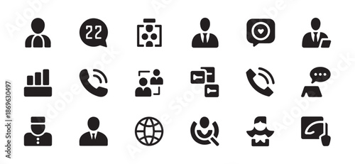Professional business and management icon set including recruitment, networking, data charts, and communication symbols.