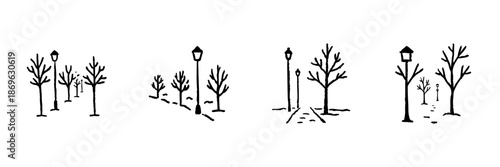 Street Lamp And Bare Trees Line Icon Set In Doodle Style. Urban Winter Landscape And Outdoor Pathway Outline Sketch Collection. Hand Drawn Isolated Vector Illustration