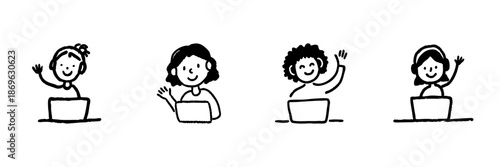 Four People Waving At Laptops Line Icon Set In Doodle Style. Virtual Meeting, Online Communication, And Remote Work Interaction Outline Sketch Collection. Hand Drawn Isolated Vector Illustration