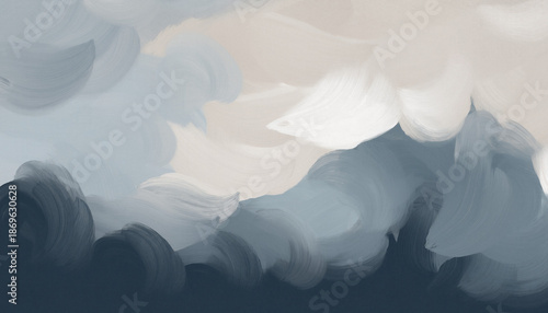 Abstract digital painting with swirling brushstrokes in muted blues, grays, and creams, evoking a sense of calm and movement