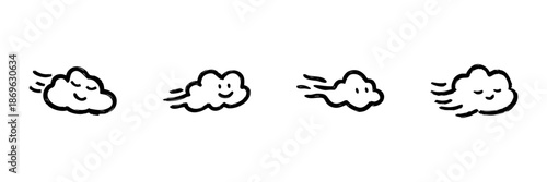 Smiling Clouds Line Icon Set In Doodle Style. Weather, Happiness, And Playful Atmosphere Outline Sketch Collection. Hand Drawn Isolated Vector Illustration